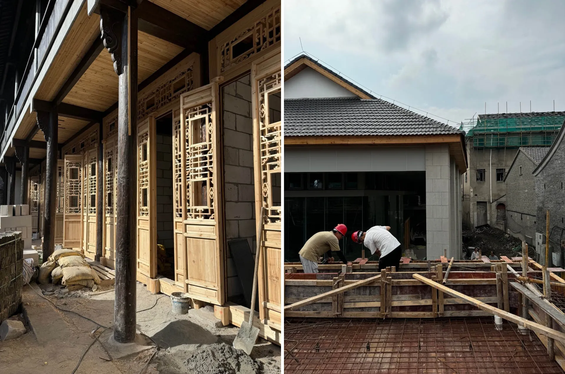 Workers at a construction site using cement and wooden materials.