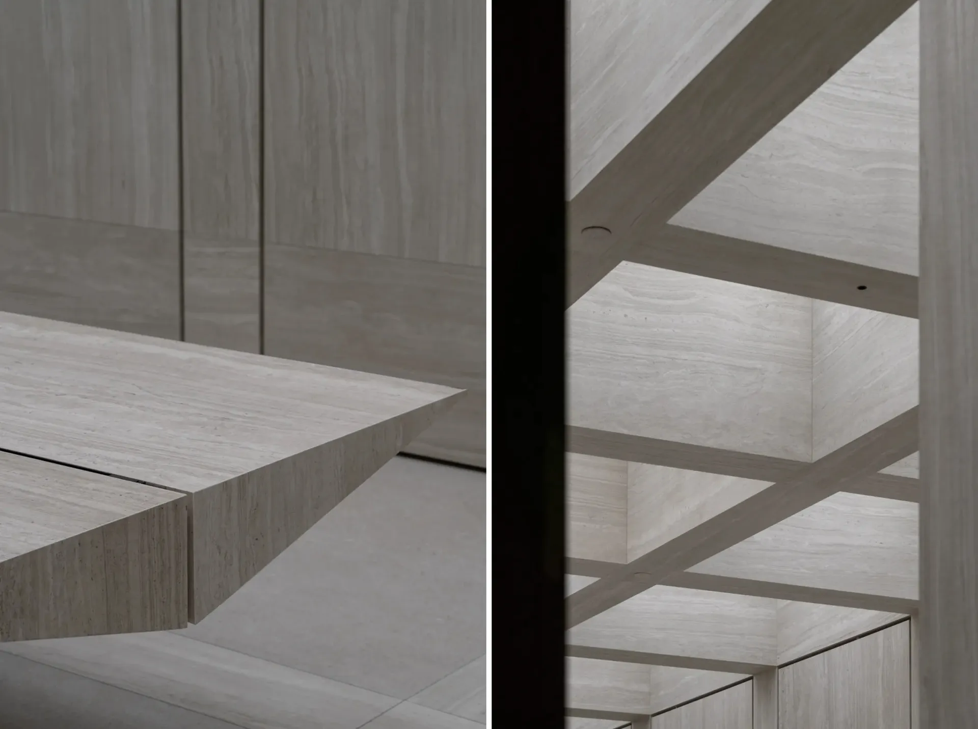Modern minimalist interior with wooden panels and beams, showing clean lines and an open space.