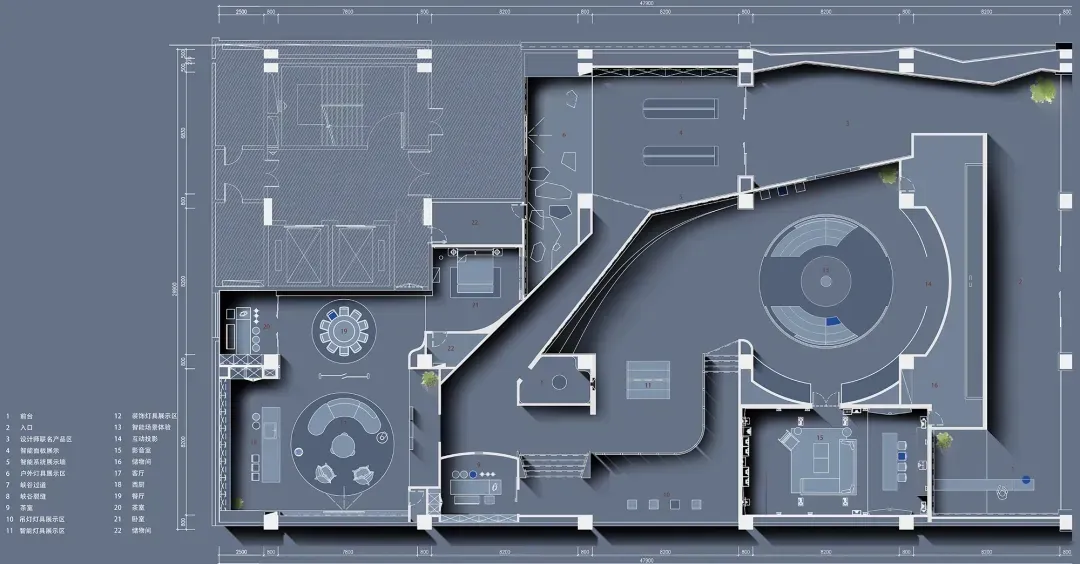 一張詳細的黑白建築平面圖，呈現現代辦公室室內空間，包含開放式工作站、C