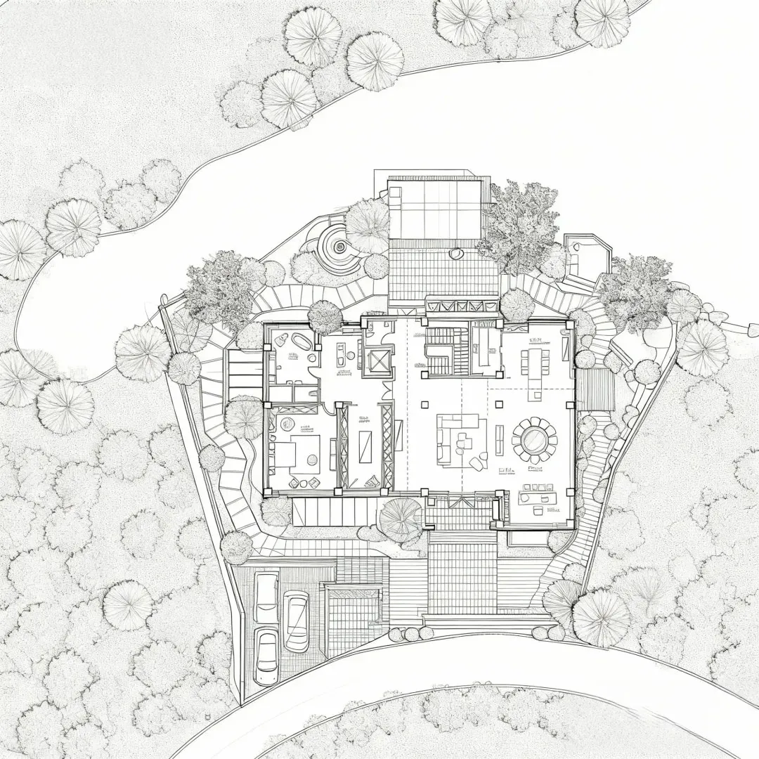 Detailed 2D drawing of a modern residential floor plan, showcasing contemporary design elements and layout.
