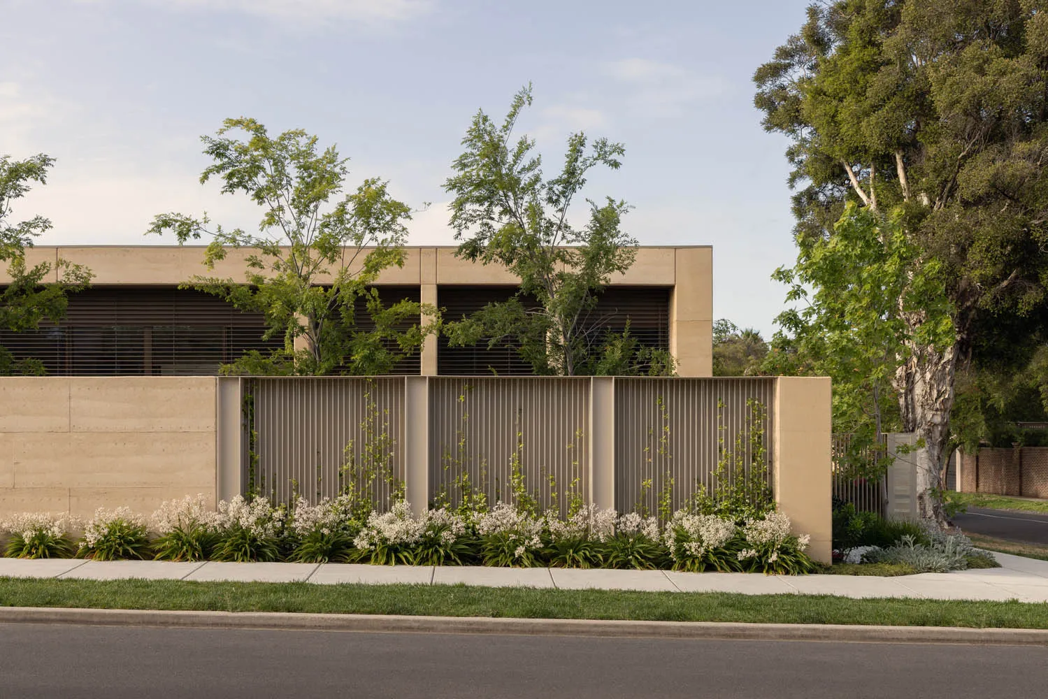 A modern residential building with a concrete wall and a landscaped yard.