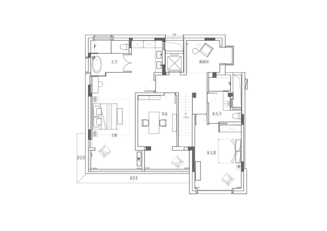 簡化的現代住宅平面圖 2D 技術建築圖,呈現多功能房間與混搭元素
