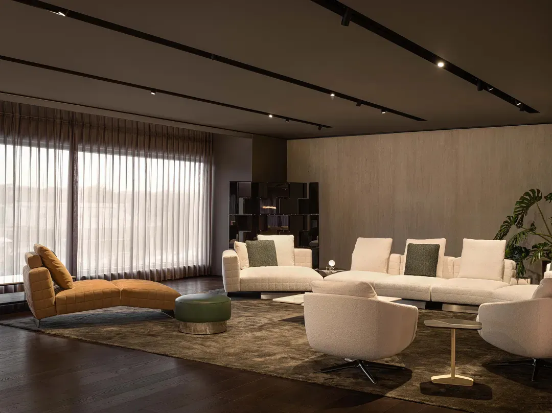 Modern living room with neutral tones and comfortable seating
