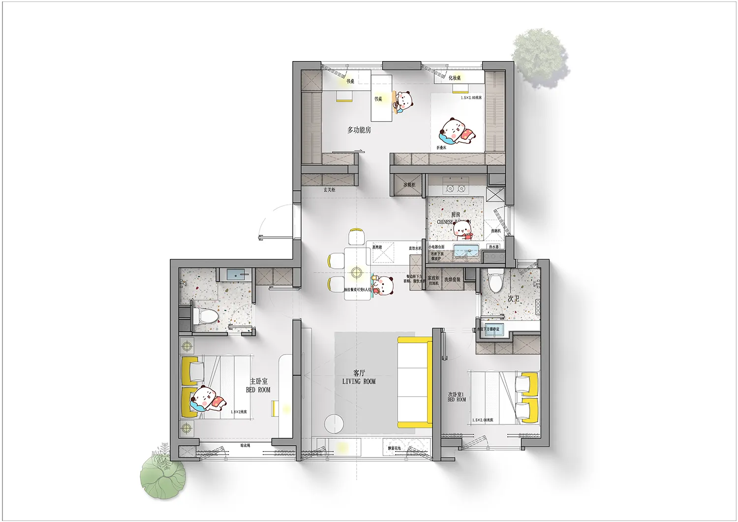Floor plan of a modern residential apartment with neutral-colored walls and concrete finishes.