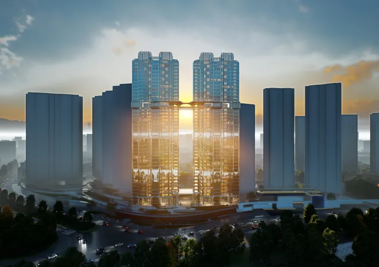 A modern high-rise residential building with glass façade and skybridge.
