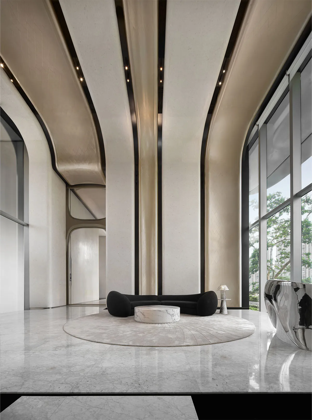 Modern lobby featuring a concrete and marble interior