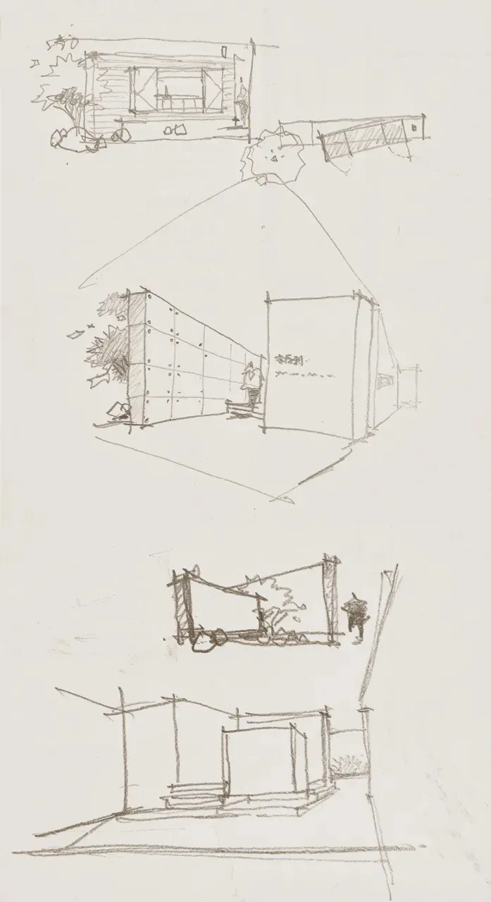 A sketch of a modern exterior wood frame house with a focus on the structural design and materials.