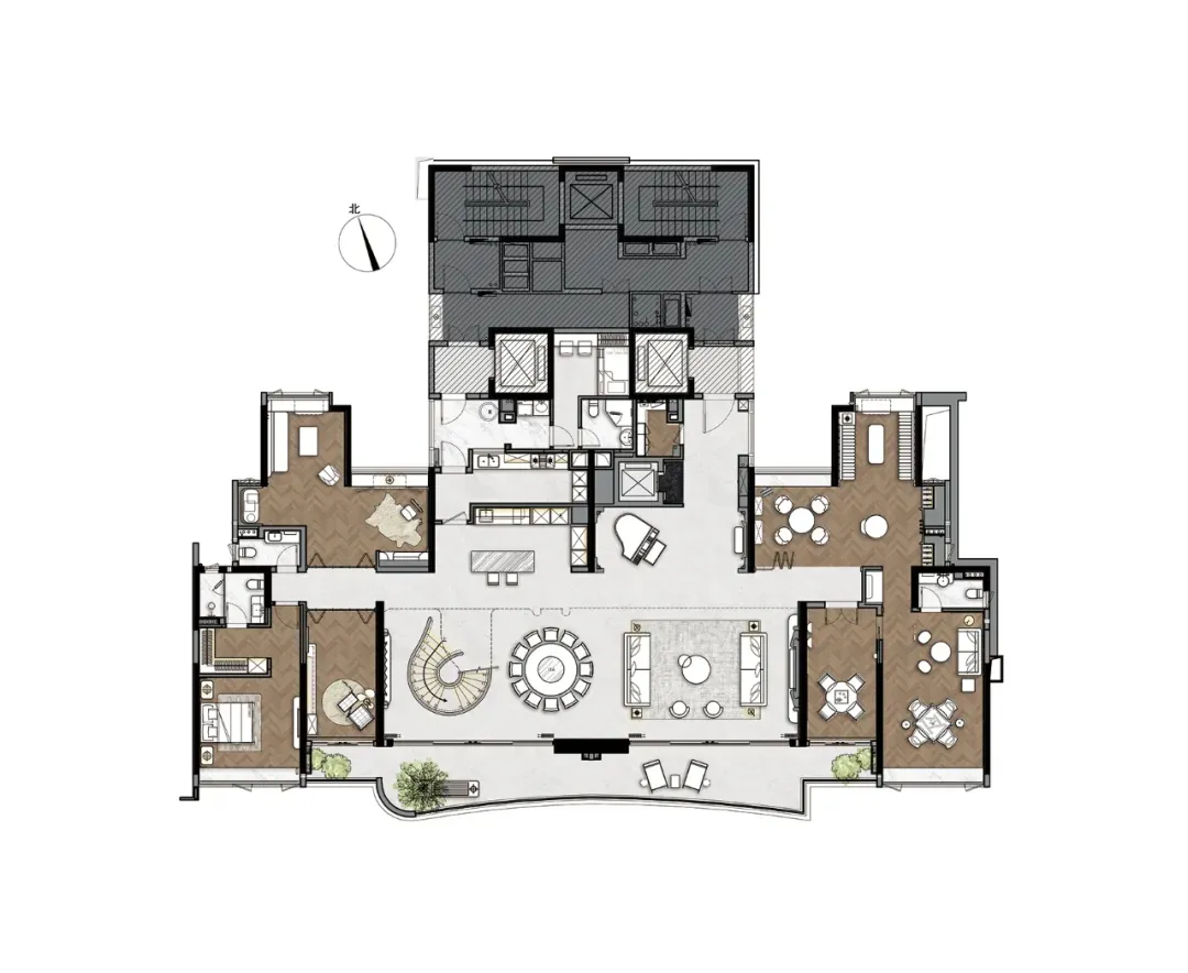 A modern residential apartment floor plan featuring a neutral hues color palette with wood and tile finishes.
