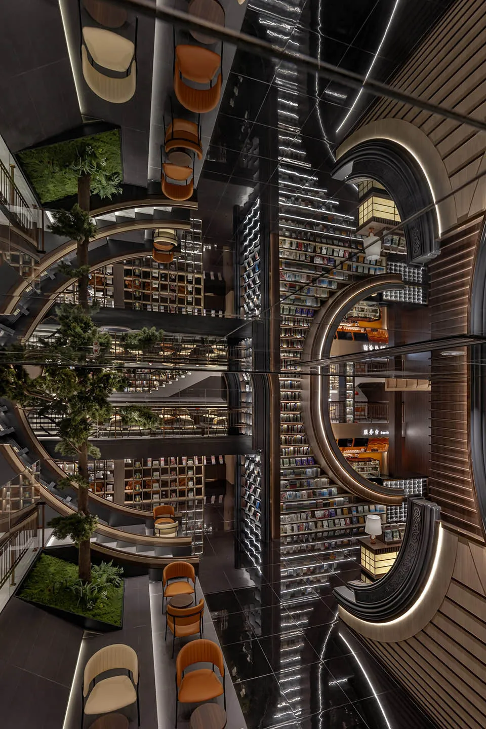 A modern library with glass walls and wooden seating and shelves.