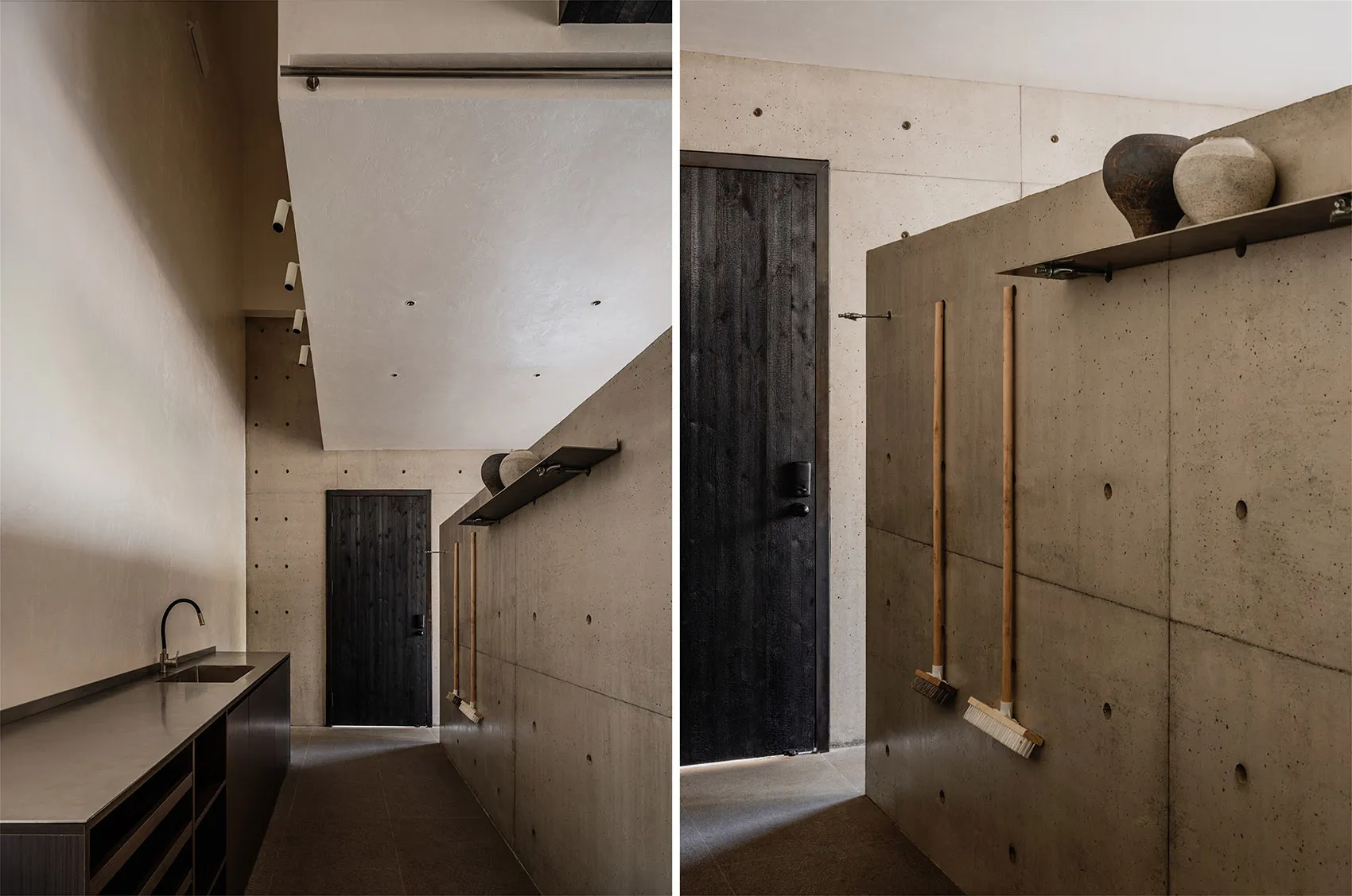 A modern interior space featuring concrete walls and minimalist design.