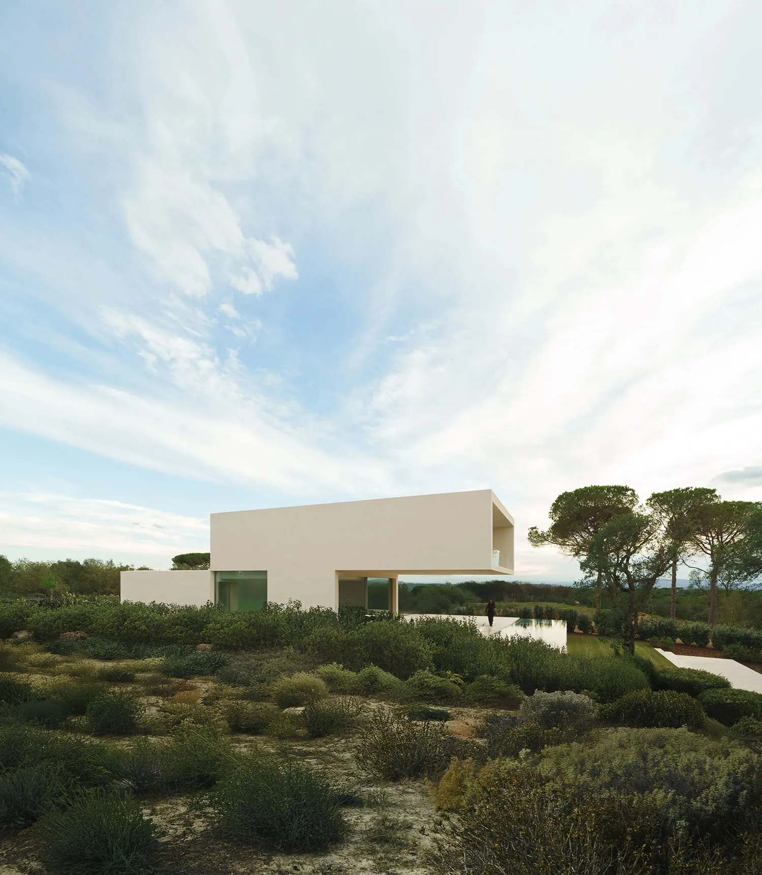A modern, minimalist house with a white concrete exterior surrounded by greenery.