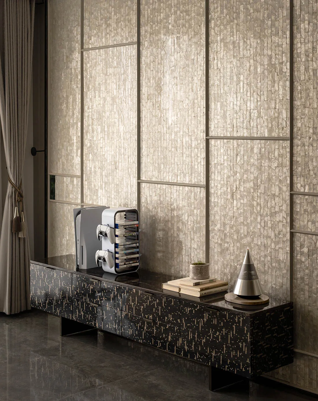 A modern living room with black steel accents and metallic finishes.