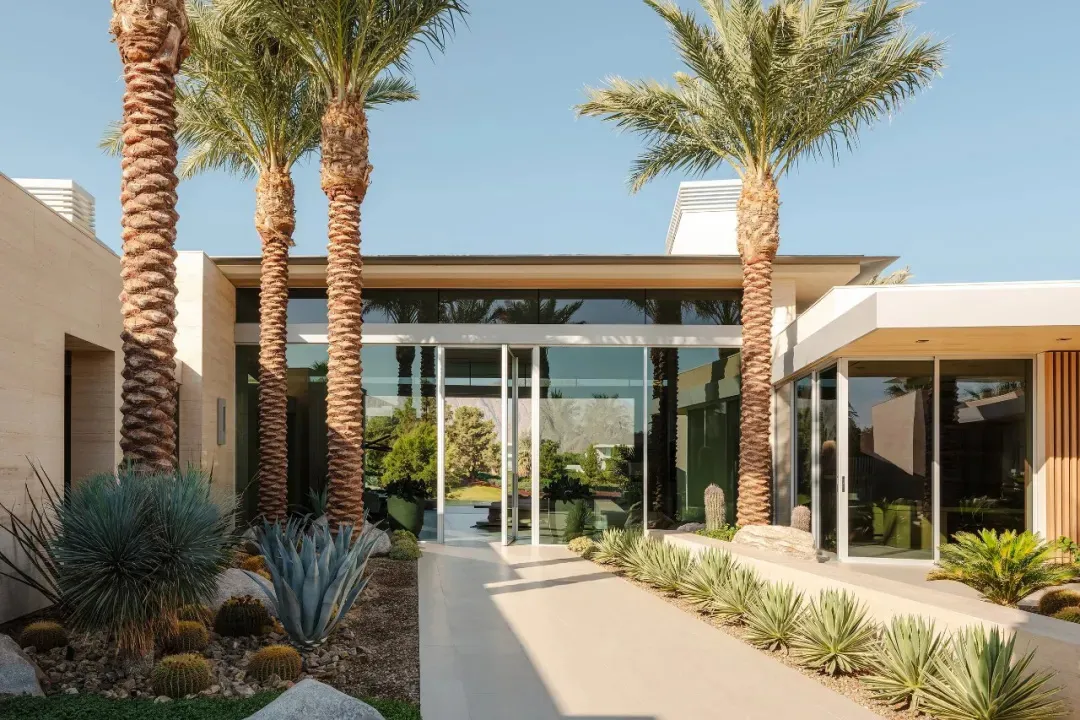 Modern residential entry with glass and concrete minimalist design, featuring tall palm trees and cactus plants.