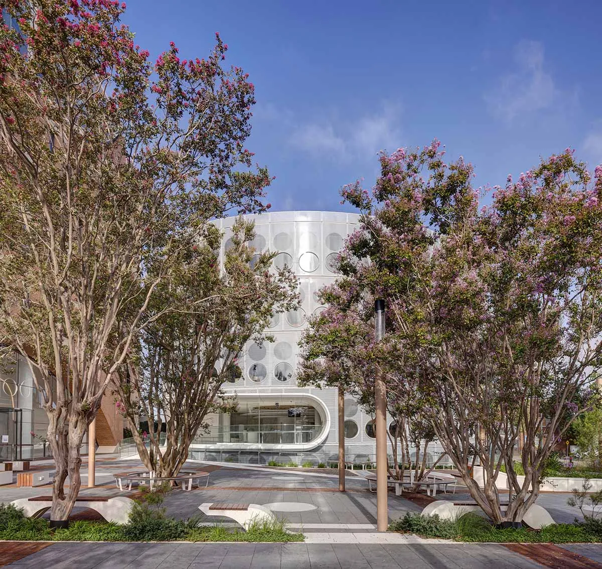 Modern office space featuring metallic glass walls and circular windows.