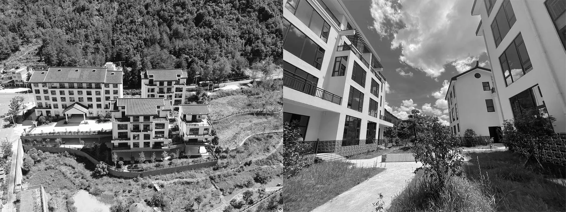 Modern residential apartments featuring concrete and glass exteriors.