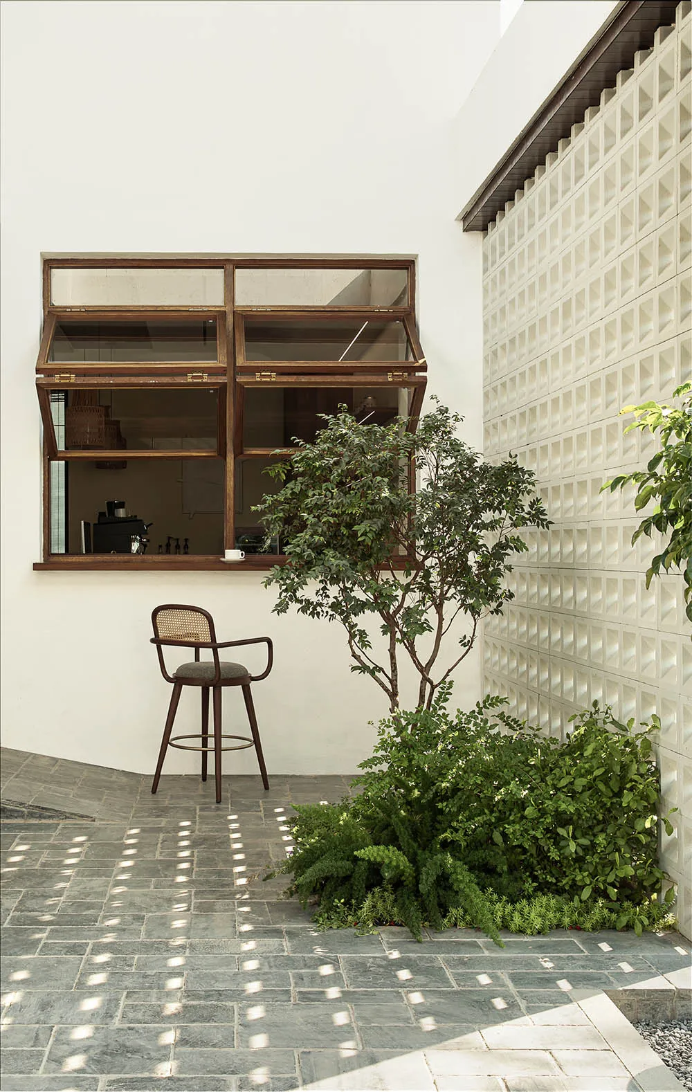 A minimalist interior space featuring concrete materials and a small green tree.