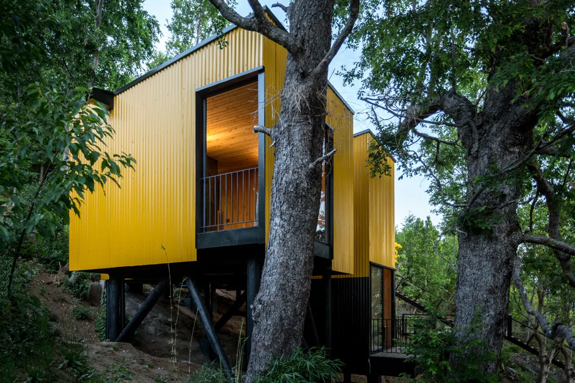 A modern, residential treehouse structure with yellow corrugated metal siding, positioned among trees with a lit interior.