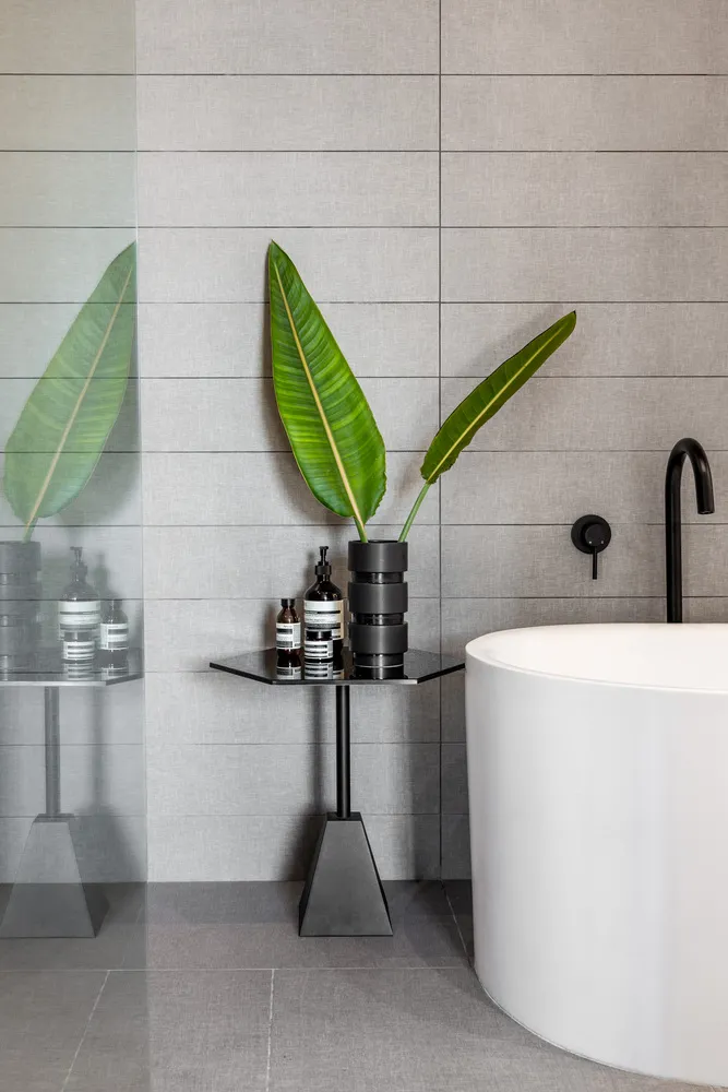 Modern minimalist bathroom with a white bathtub, green plant, and black side table.