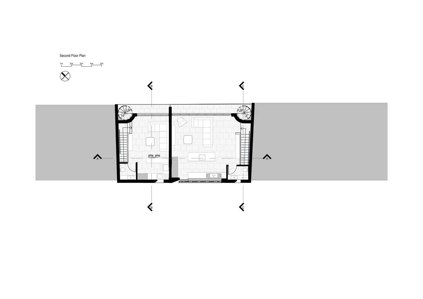 A 2D architectural drawing of a modern building's second floor plan.