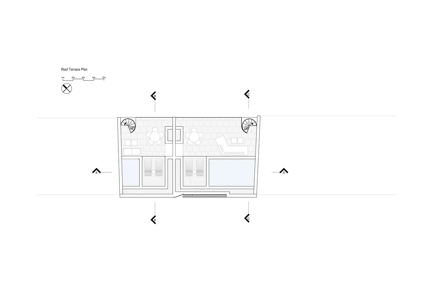 A technical drawing of a rooftop terrace design featuring concrete tiles and walls.