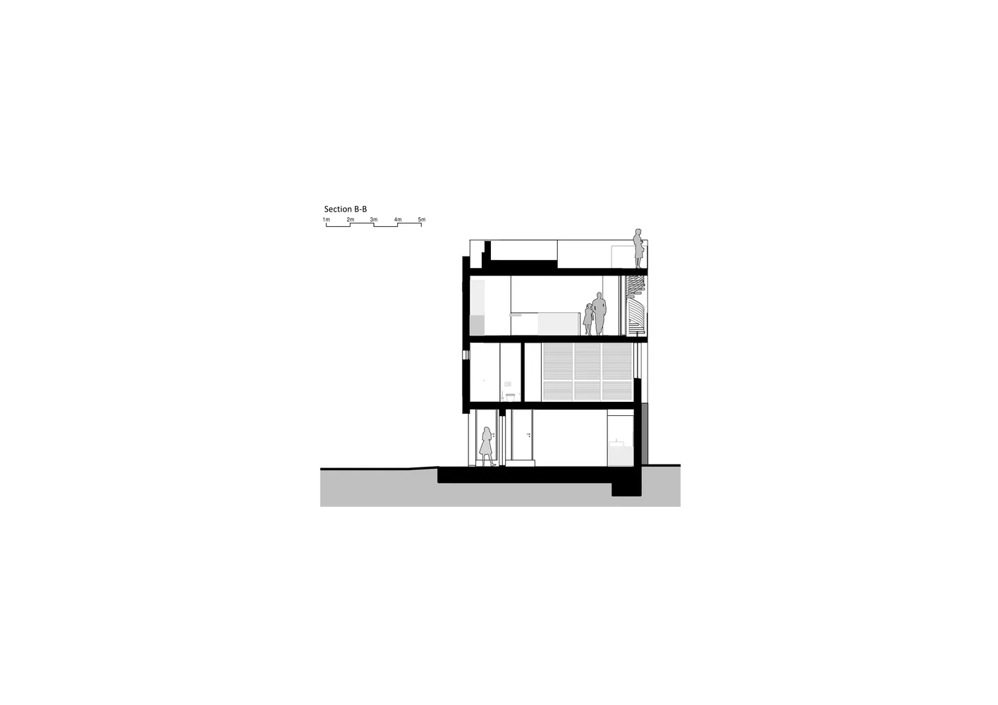 A vertical architectural plan depicting the interior of a modern house.