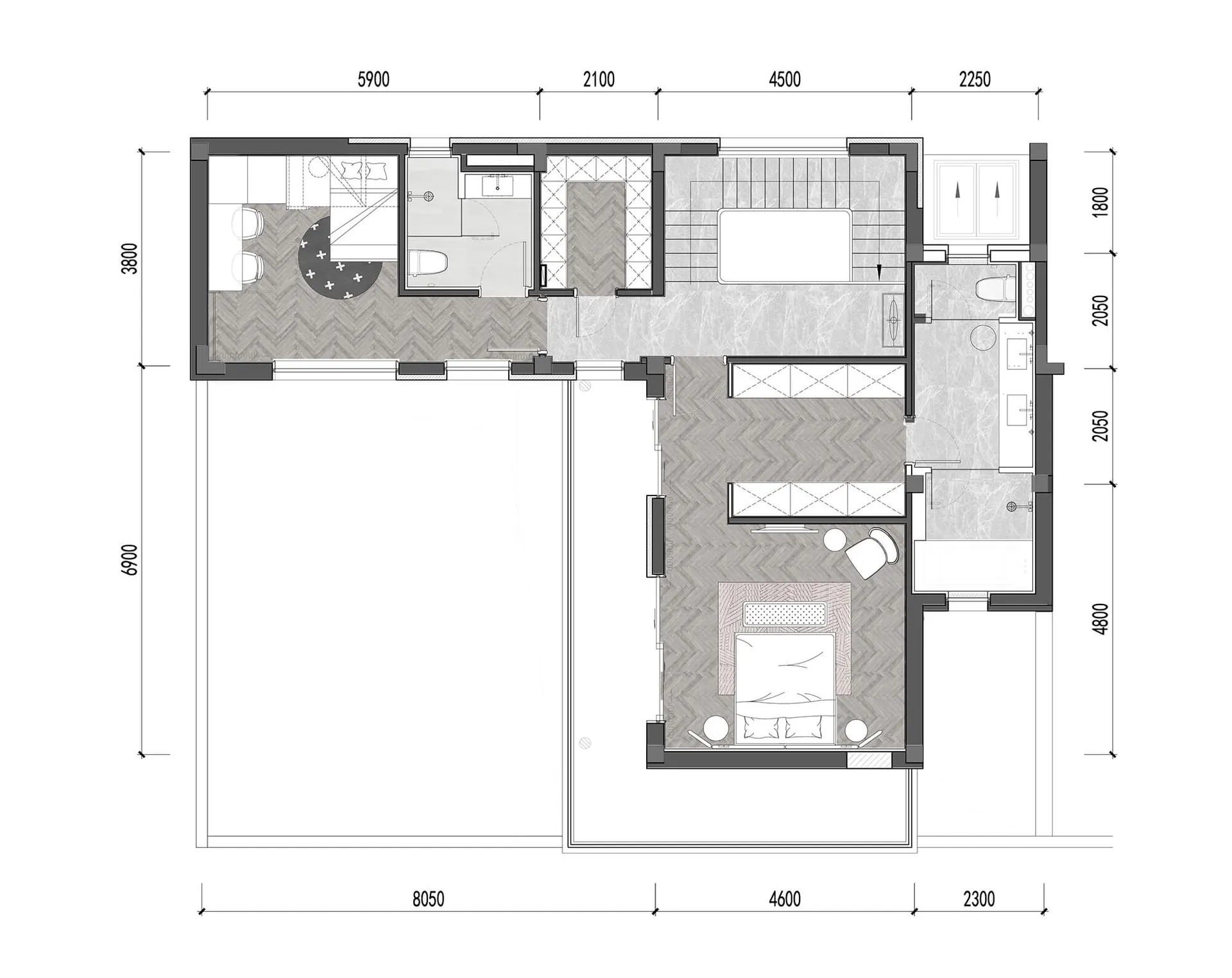 Modern interior design floor plan featuring wooden flooring.