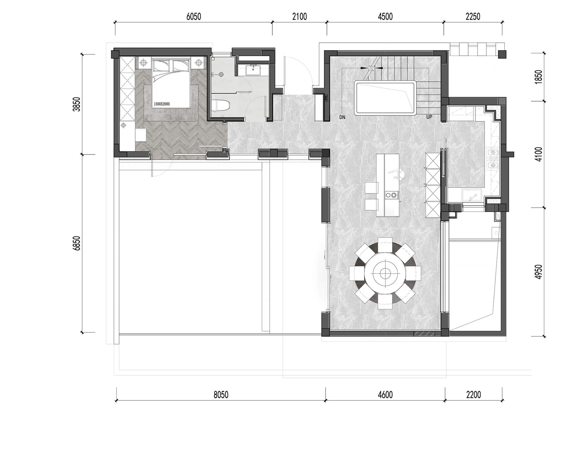 現代住宅空間的2D建築圖,展示大理石地板與極簡室內設計。