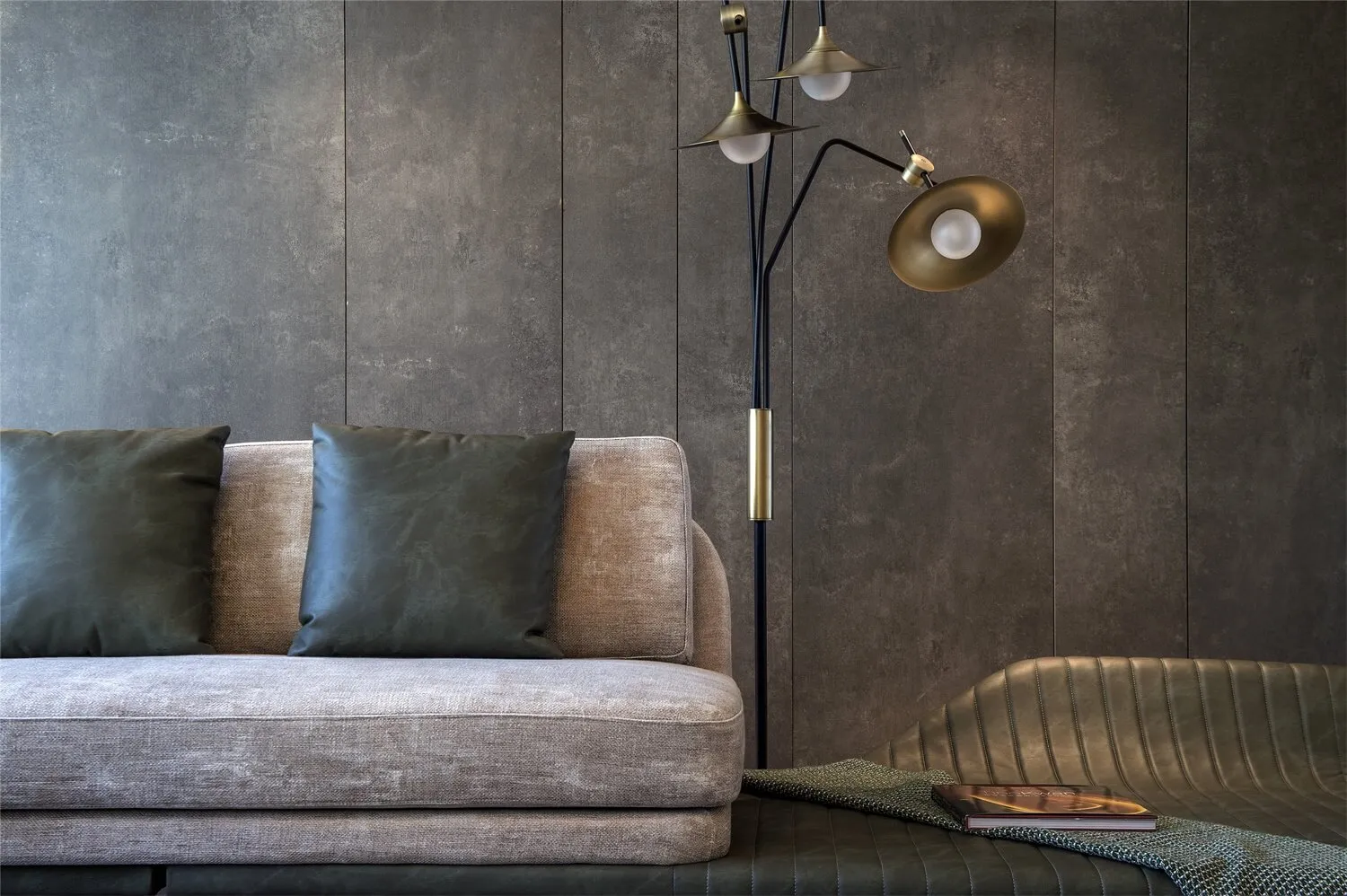 Minimalist living room with modern furniture in muted tones, featuring a comfortable sofa with plush cushions and a metallic