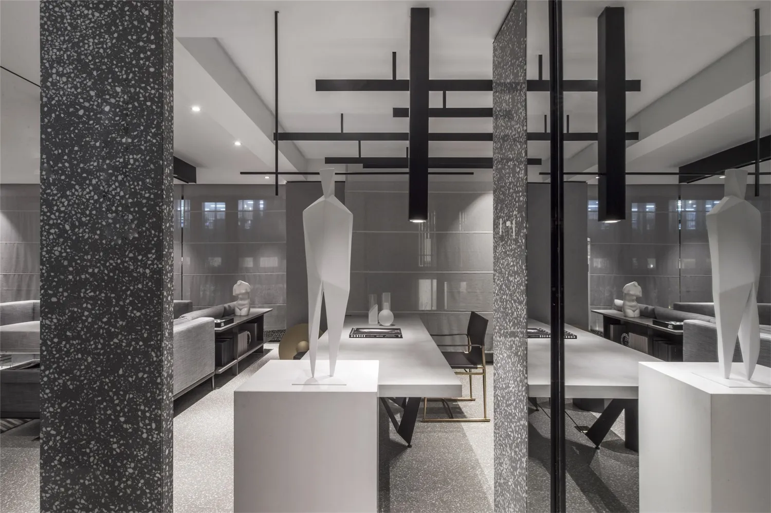Modern office space featuring metallic black and white accents