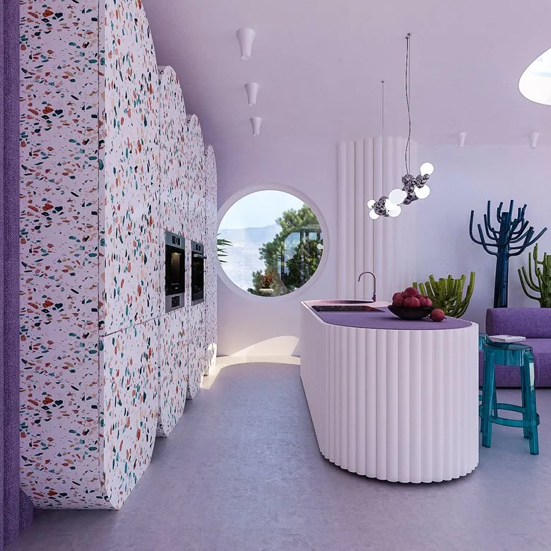 Modern minimalist kitchen with colorful terrazzo flooring and circular window overlooking a green landscape.