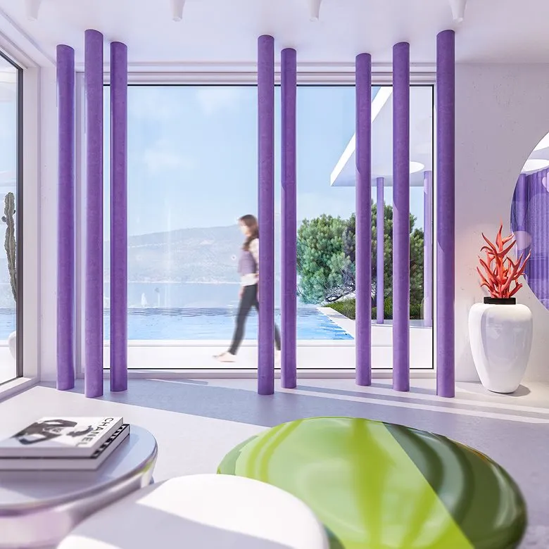 A modern living room featuring glass columns, a green and white circular stool, and a woman walking near a pool in the backgr
