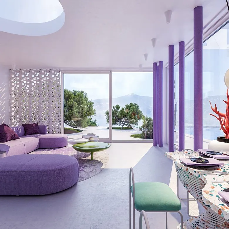 A modern residential interior with purple, green, and white decor and furniture.