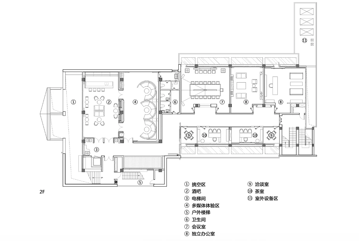 商業空間的2D建築平面圖，顯示會議室、辦公室及衛浴等不同功能區域