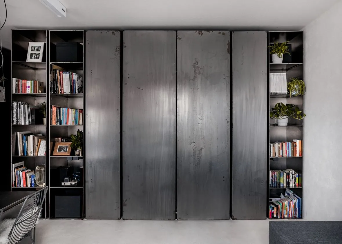 Industrial-style bookshelves and metal storage units