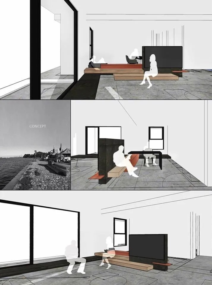 A minimalist living room with wood flooring and furniture.