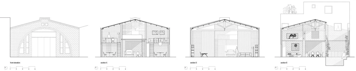 Cross-sectional views of a modern brick residential building with different sections depicted.
