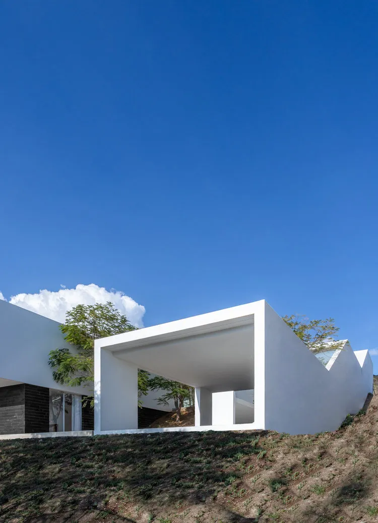 A modern house with concrete walls and a blurred background.