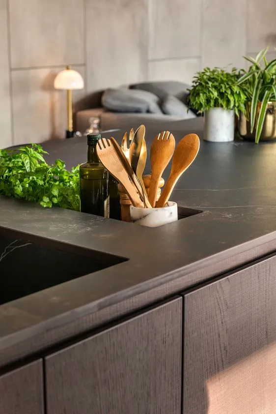 A modern kitchen with stone countertops, wooden utensils, and green plants on the countertop.
