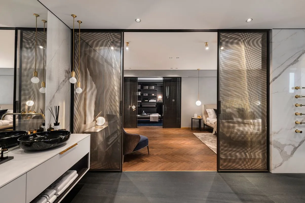 Modern living room featuring marble and metal materials