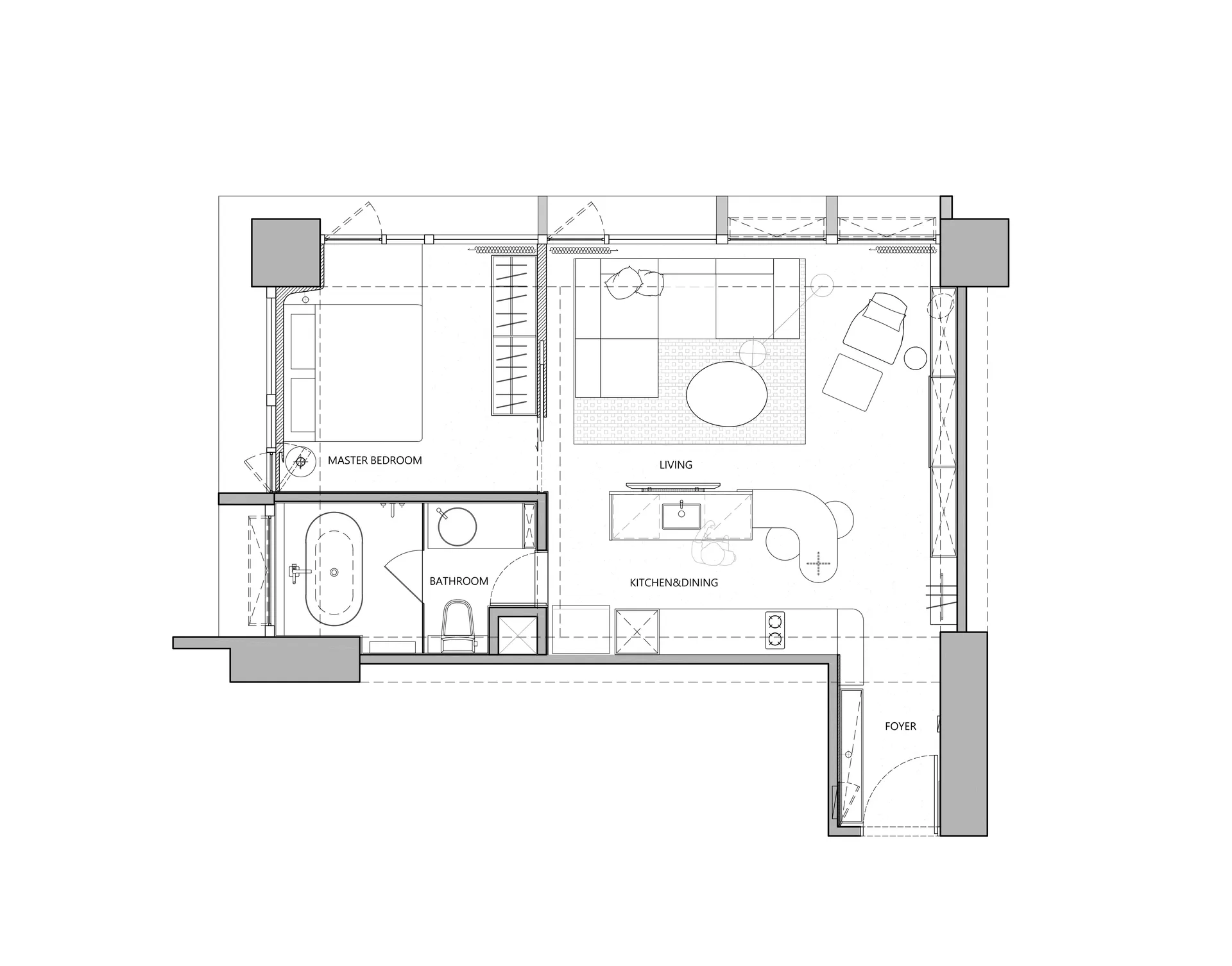 Floor plan of a modern apartment with neutral color scheme.