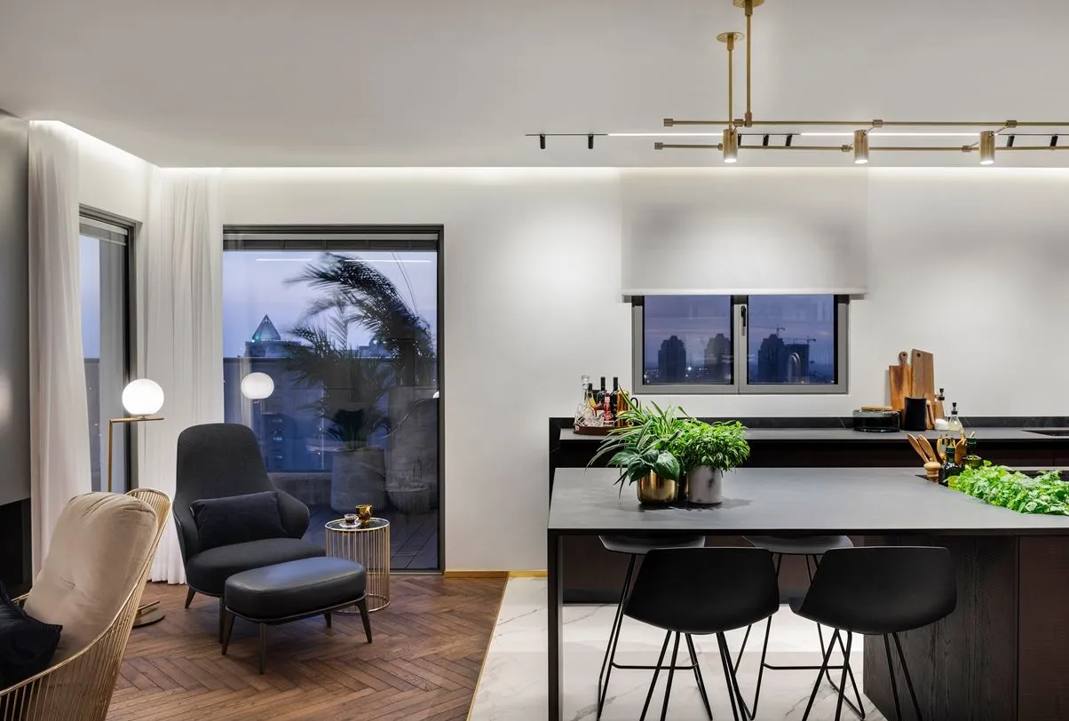 A modern residential interior with a combination of white and wood materials.