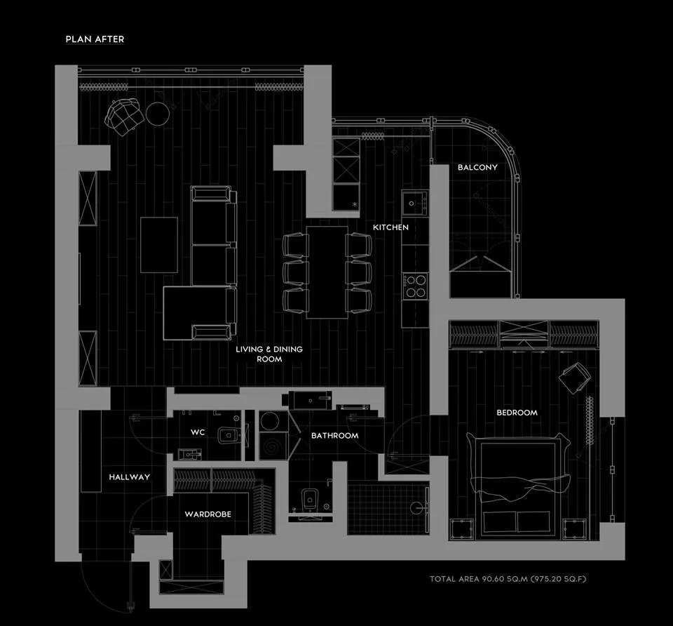 Simplified architectural layout of a modern apartment showing living and dining room, kitchen, bedroom, bathroom, balcony, an