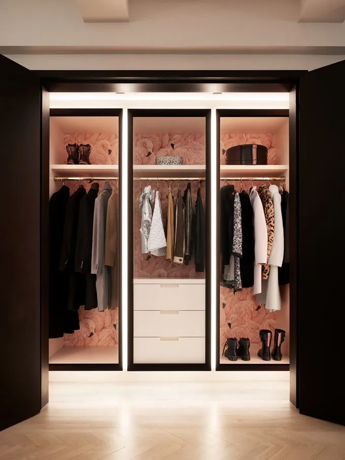 Modern interior design closet with wood finishes and built-in storage
