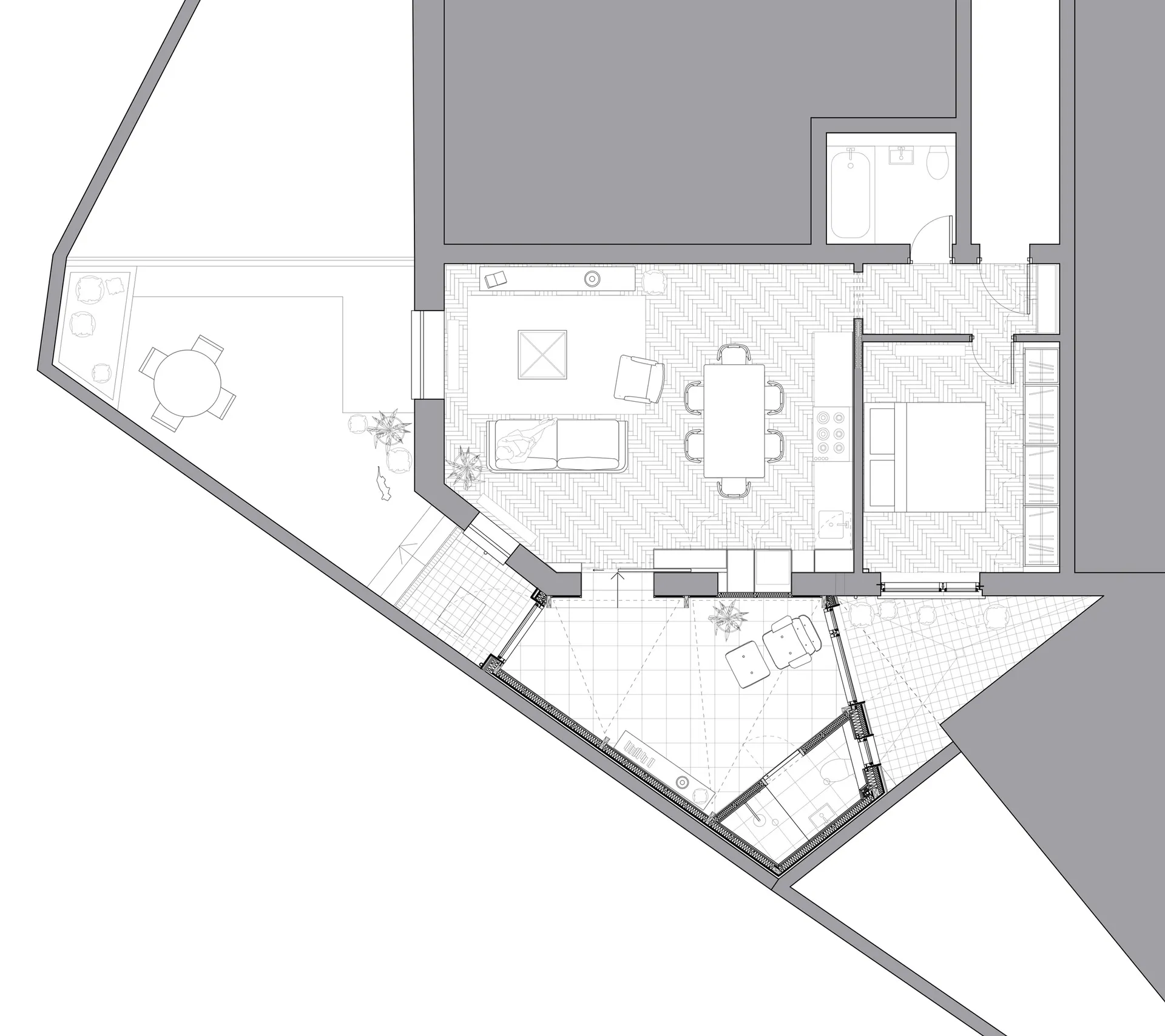 Floor plan of a modern living room with wood accents, a carpeted area, and a herringbone-patterned floor.