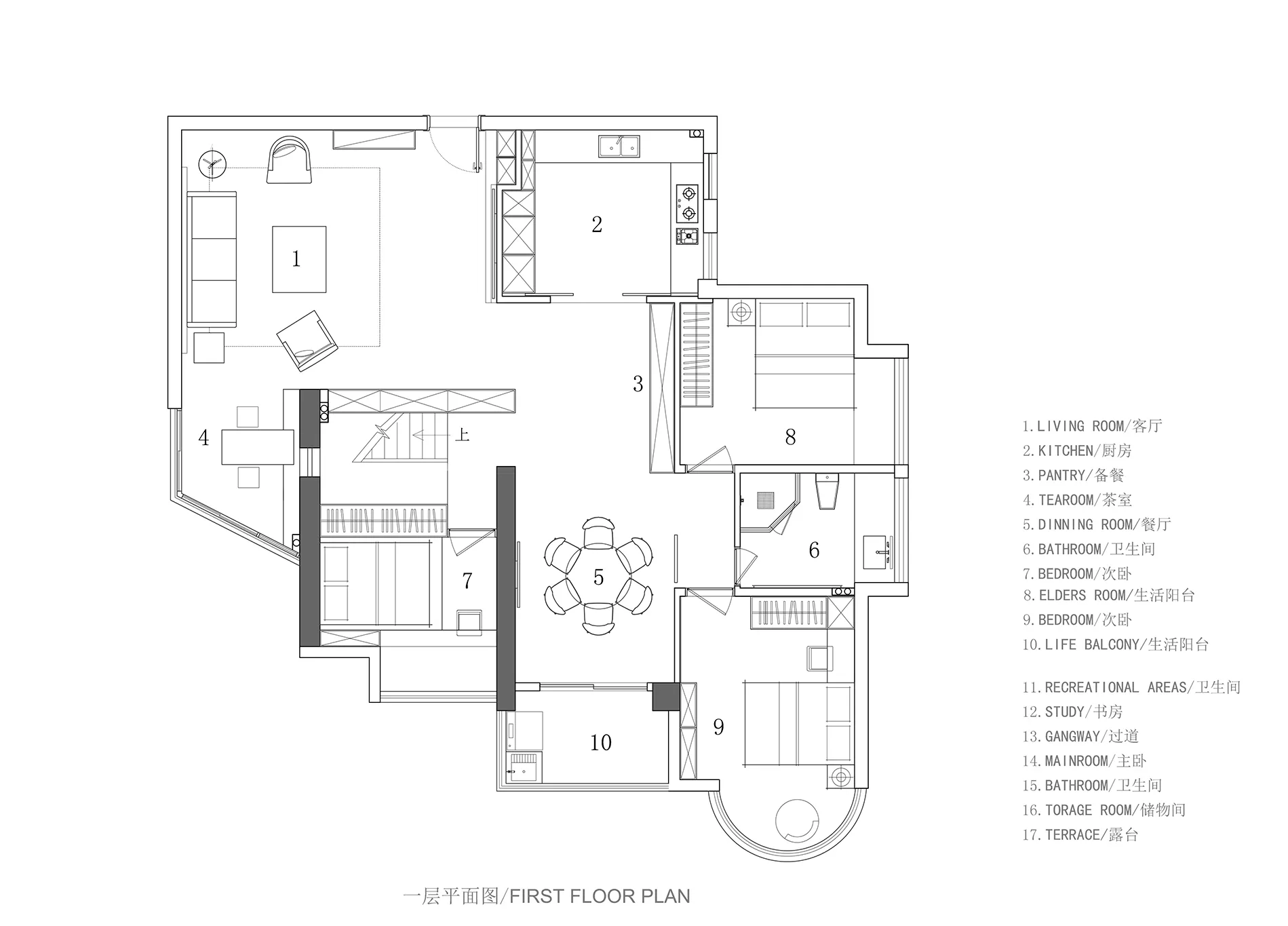 A detailed 2D architectural drawing of a modern residential floor plan, showing various rooms and their layout in white and b