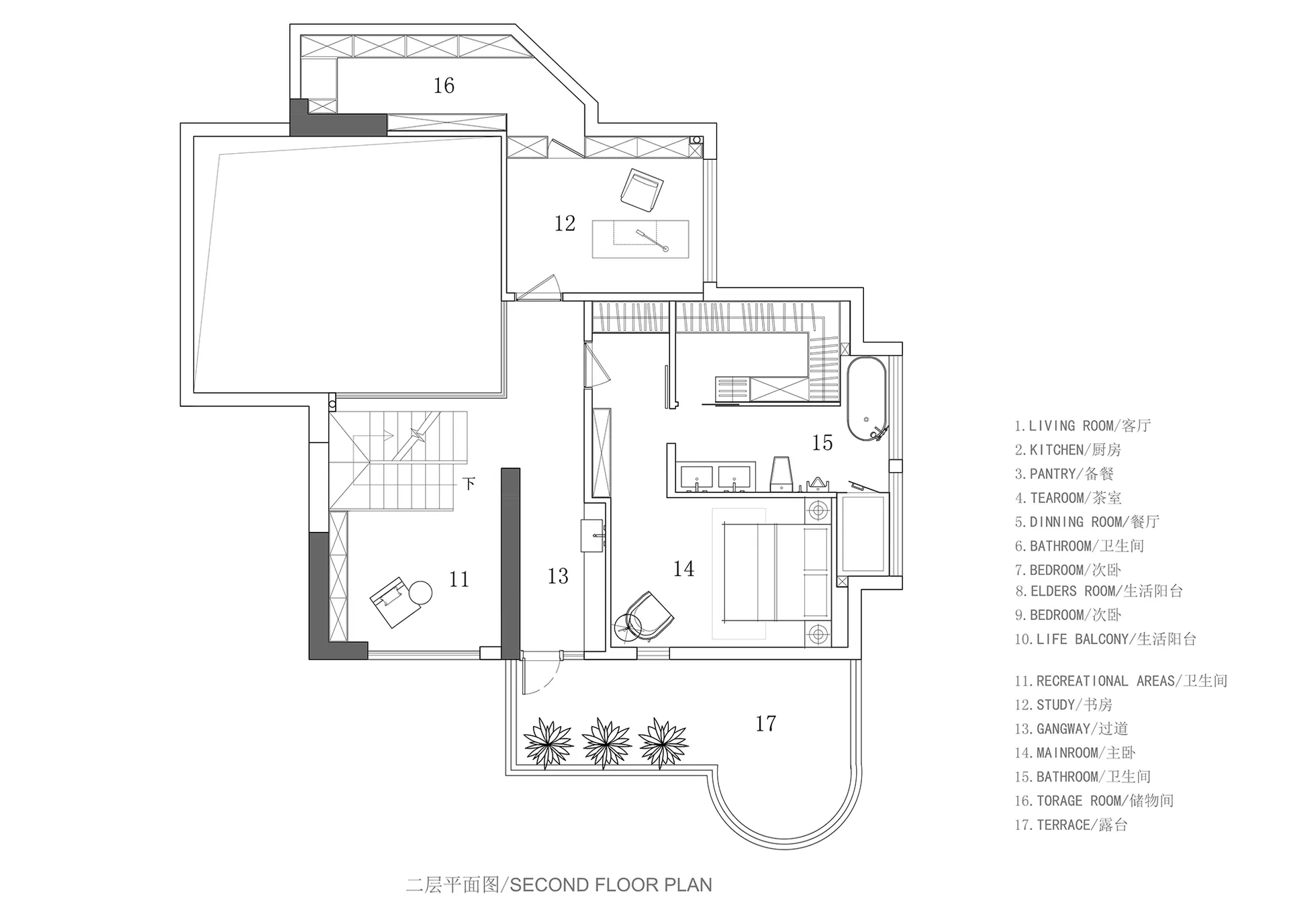 Floor plan of a residential interior's second floor, showcasing various rooms and spaces.