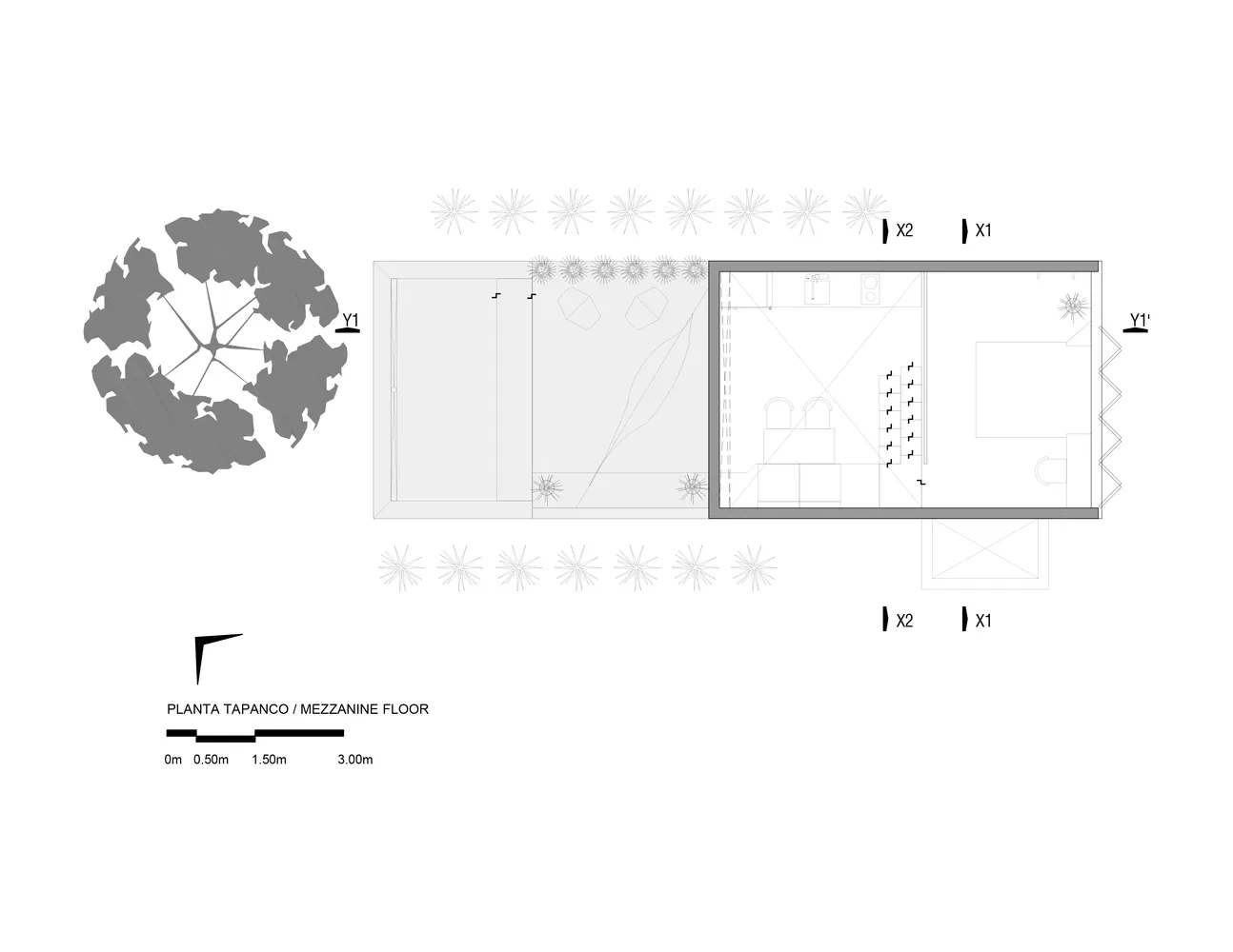 Minimalist residential kitchen floor plan with black and white line drawing style.