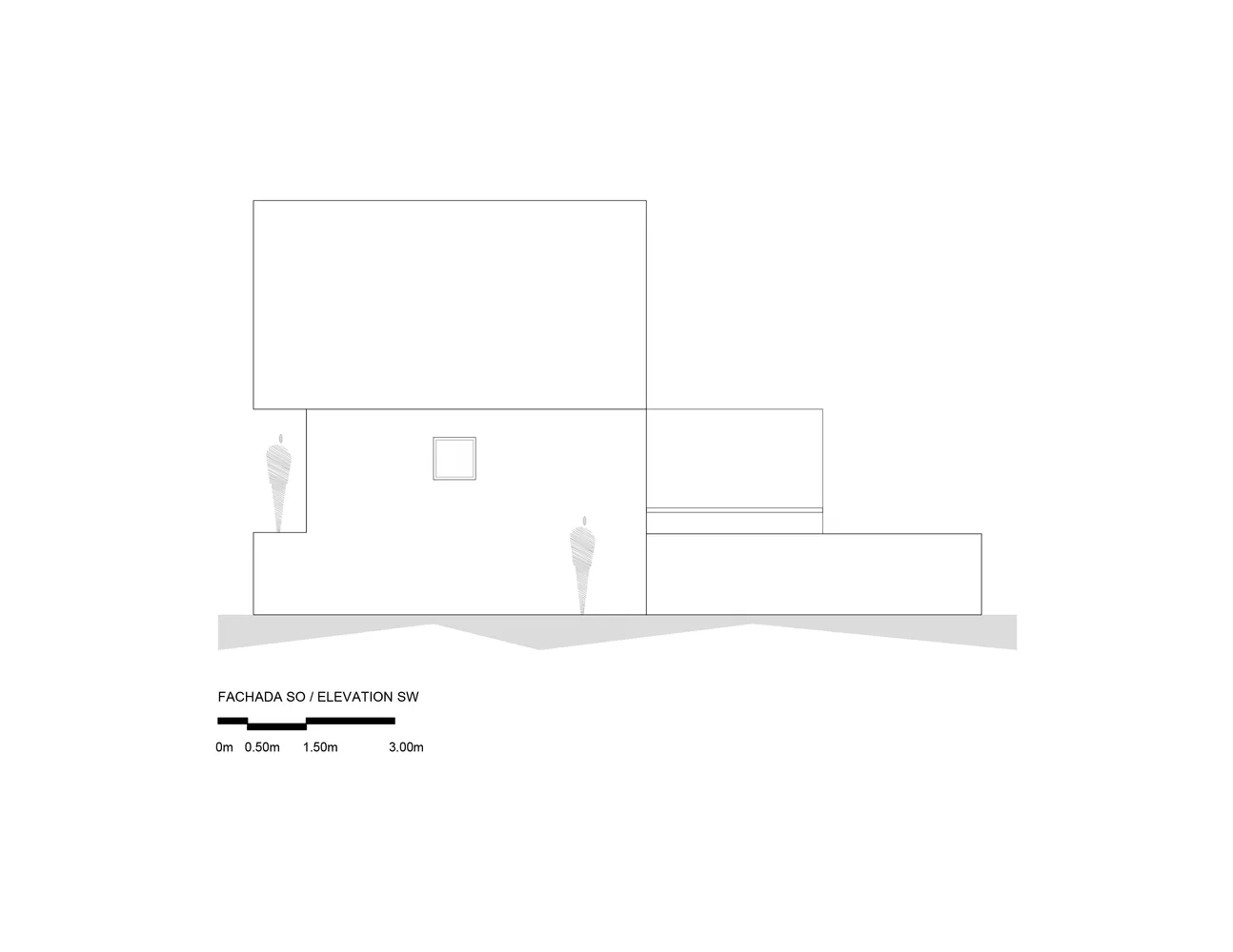 Elevation drawing of a modern building with steel materials.