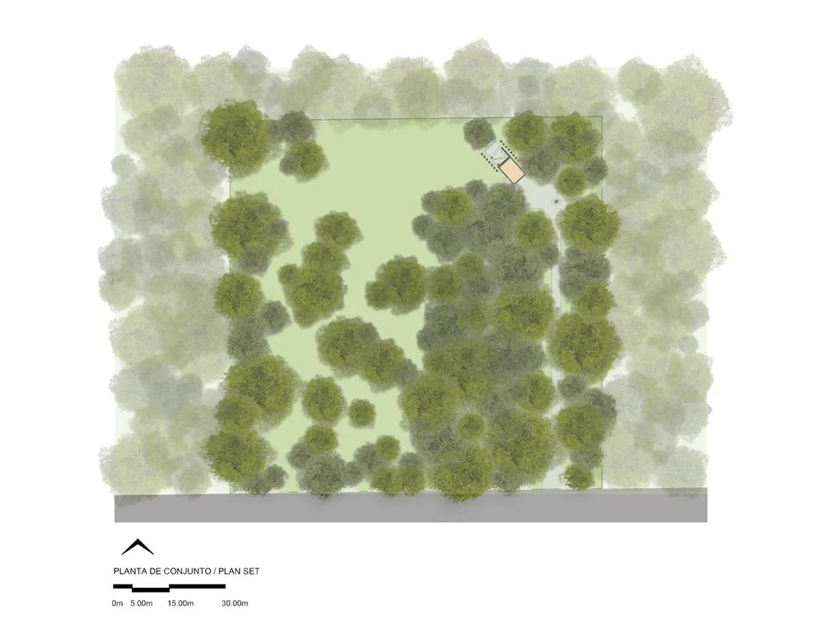Landscape park layout with green space surrounded by trees