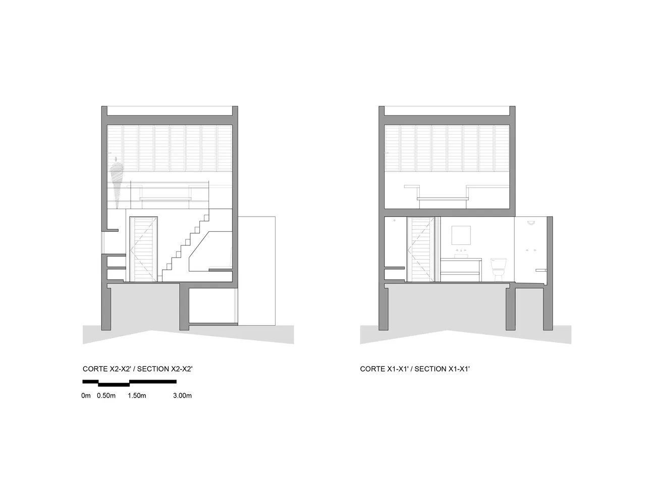 詳細的建築剖面圖，展示室內空間的兩個垂直剖面，包含樓梯、衛浴以及